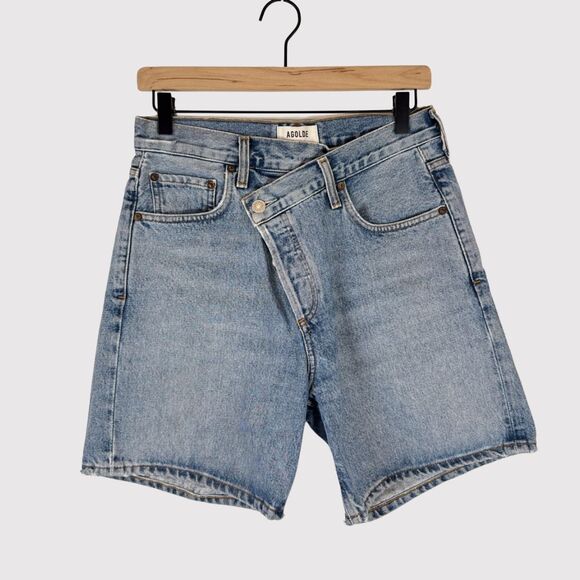 AGOLDE Women Shorts Blue Criss Denim Bermuda High Rise Button Fly Casual Size 25 - Picture 2 of 10